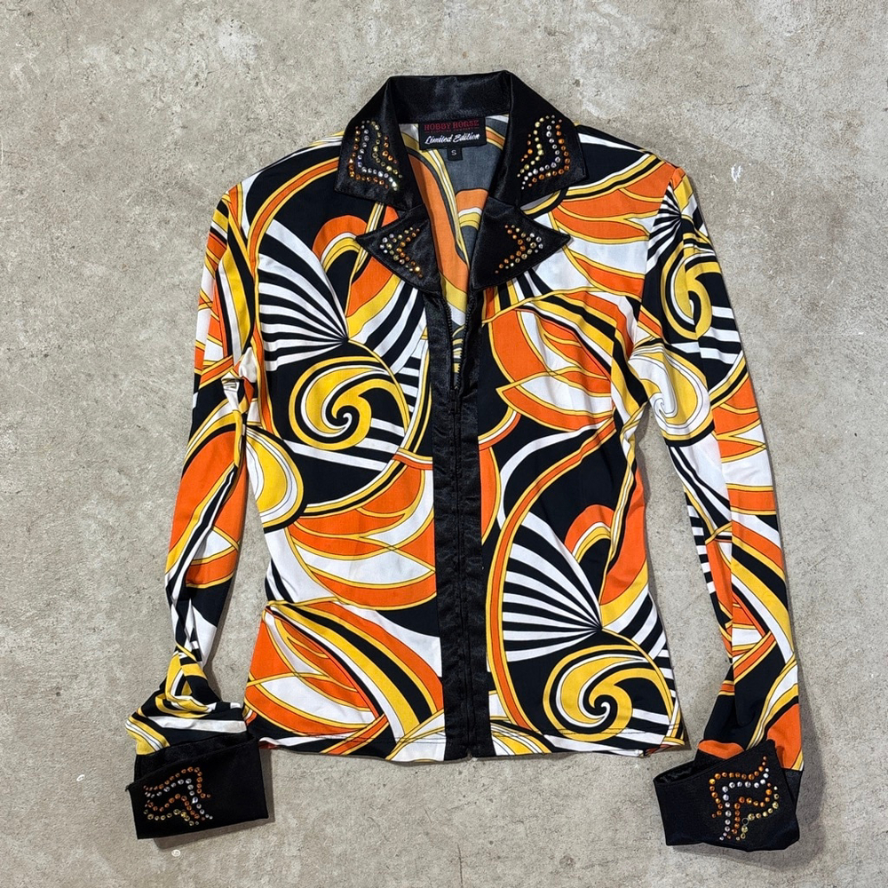 Hobby Horse Western Show Shirt Women's Small Orange Black White Equestrian Zip